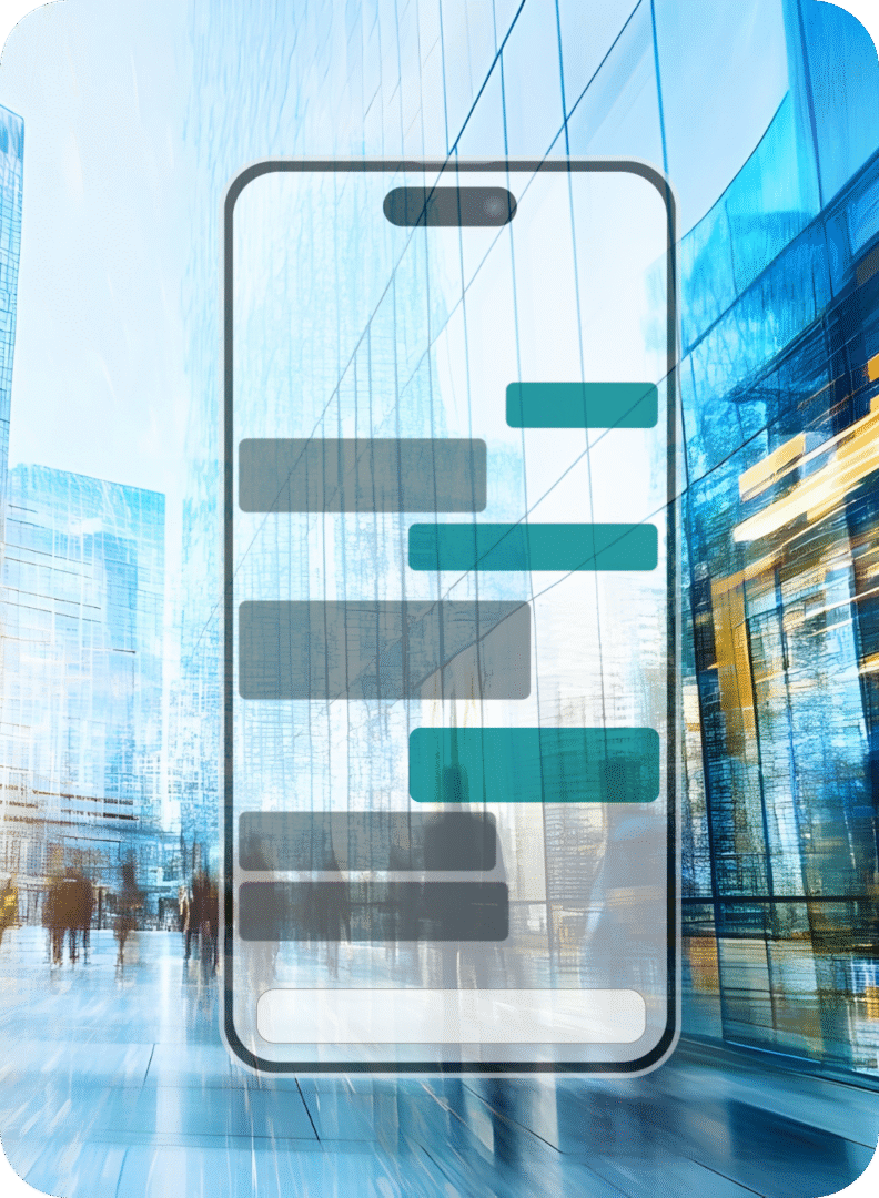 Imagen de um celular com mensagens do WhatsApp e foto de uma cidade aos fundos.